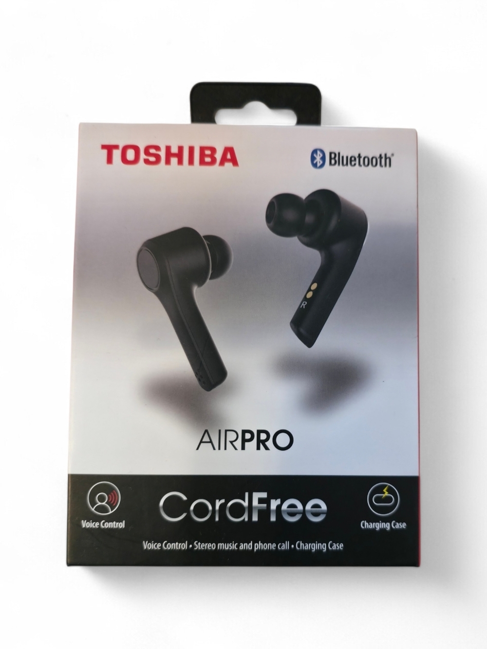 Toshiba Black and White True Wireless Earbuds Packaging